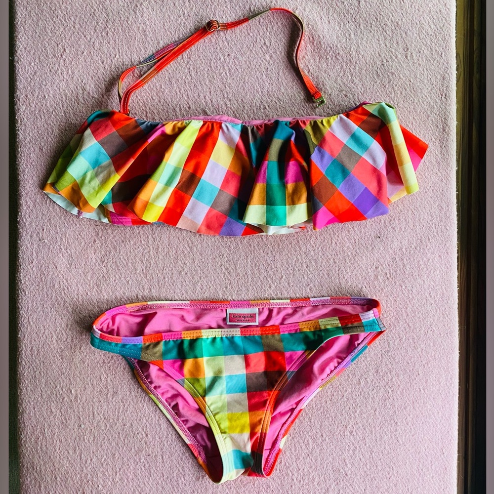 Kate Spade Ruffle Plaid Bandeau Plaid Bikini Bathing suit Swimwear set